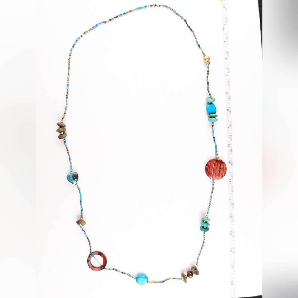 Funky Turquoise And Rust Colored Beaded Necklace - Picture 5 of 5